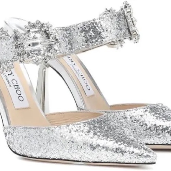 Jimmy Choo Smokey Mule Sparkling Silver Heels - Picture 3 of 7